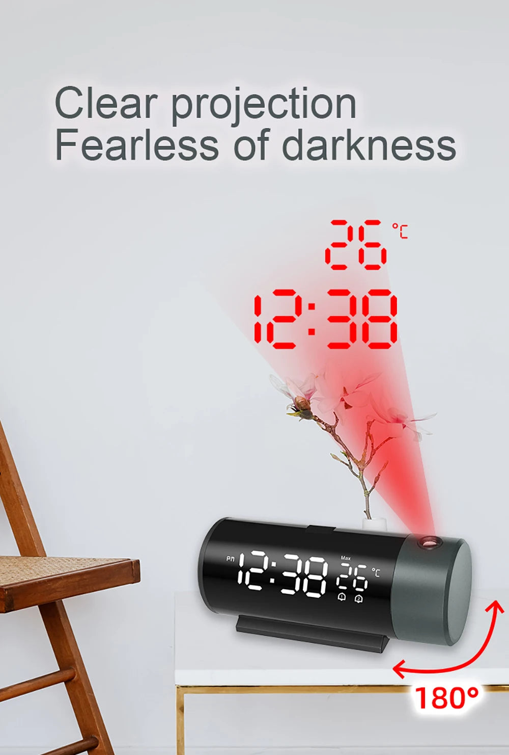 Projection Digital Alarm Clock with 180° Rotatable Projector