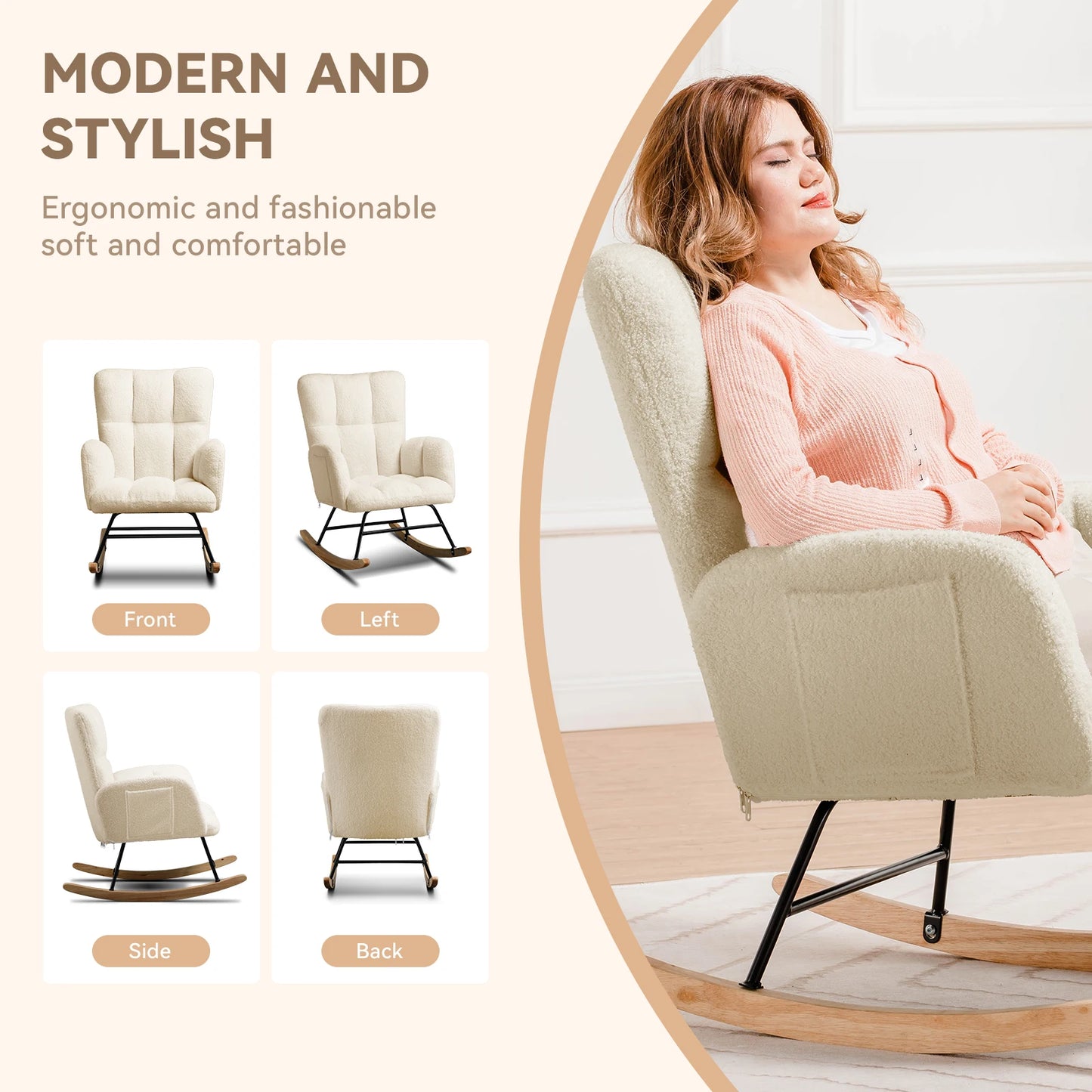 Teddy Nursery Rocking Chair – Upholstered Glider with Side Pockets
