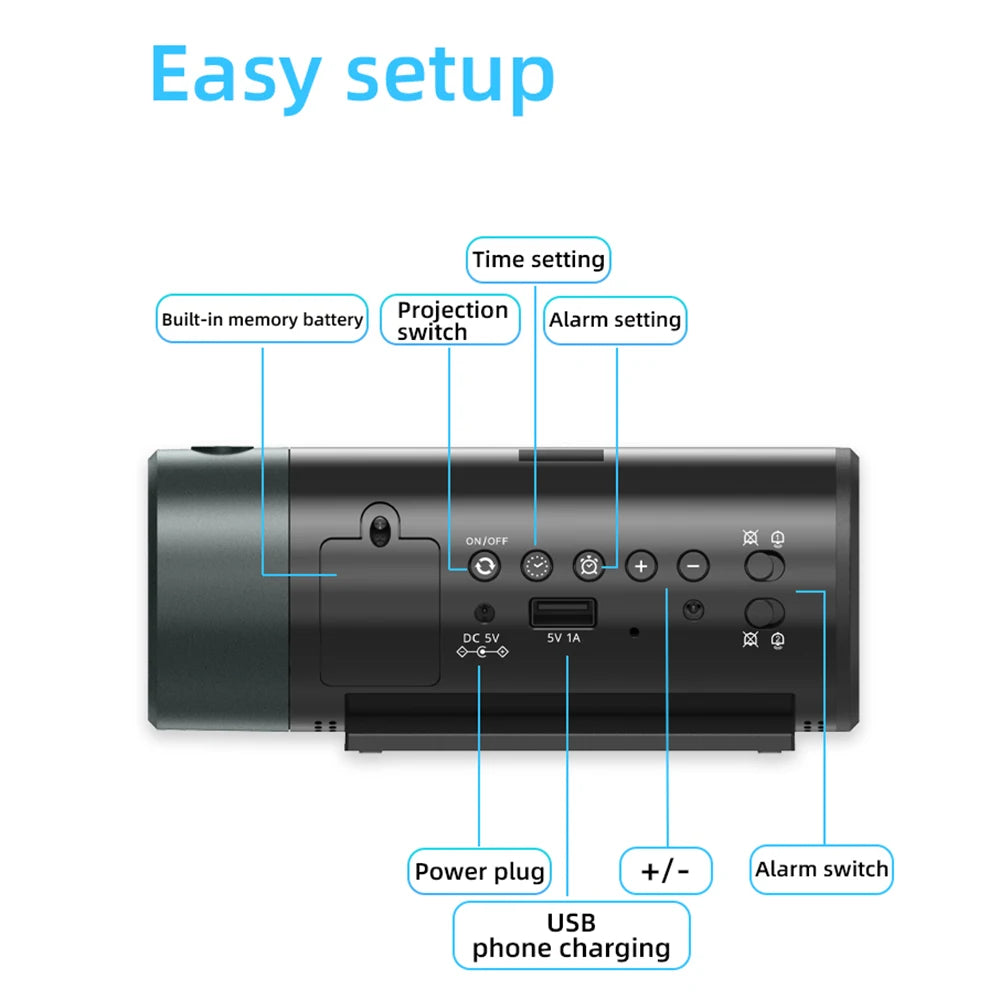 Projection Digital Alarm Clock with 180° Rotatable Projector