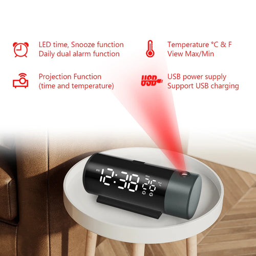 Projection Digital Alarm Clock with 180° Rotatable Projector